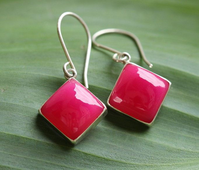 Pink earrings Chalcedony earrings Square