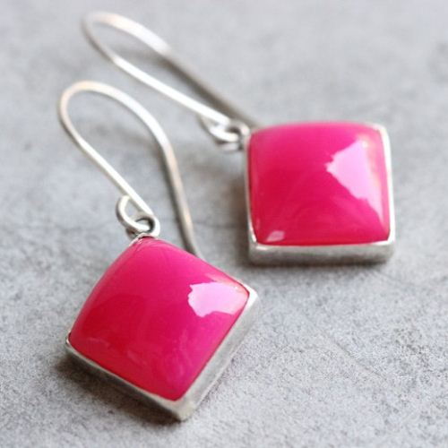 Pink earrings - Chalcedony earrings - Square silver earrings