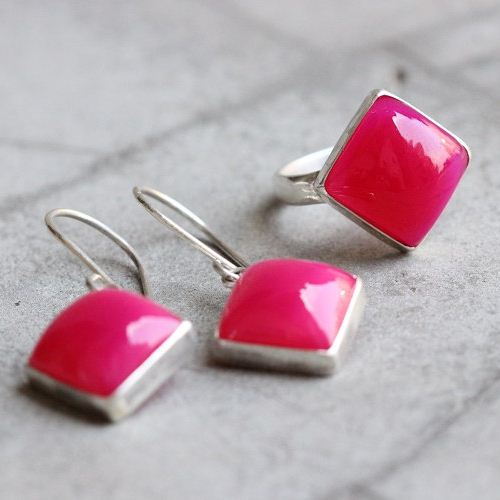 Pink earrings - Chalcedony earrings - Square silver earrings