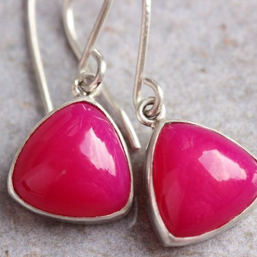 Pink earrings, Chalcedony earrings, Triangle stone silver earrings