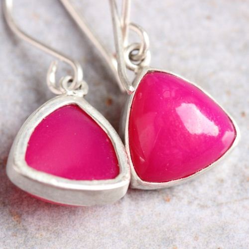 Pink earrings, Chalcedony earrings, Triangle stone silver earrings