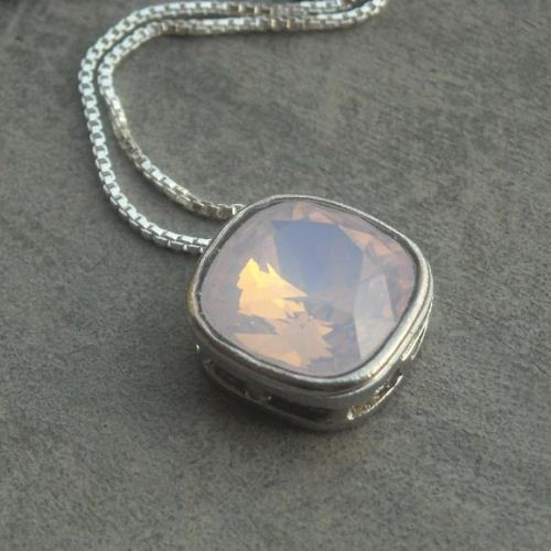 Pink opal swarovski crystal sterling silver bridal pendant necklace
