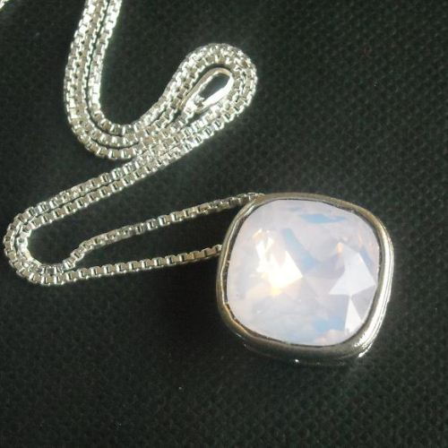 Pink opal swarovski crystal sterling silver bridal pendant necklace