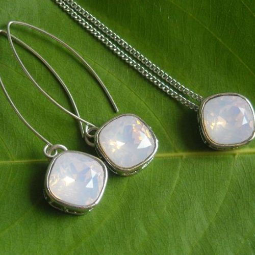 Pink opal swarovski crystal sterling silver bridal pendant necklace