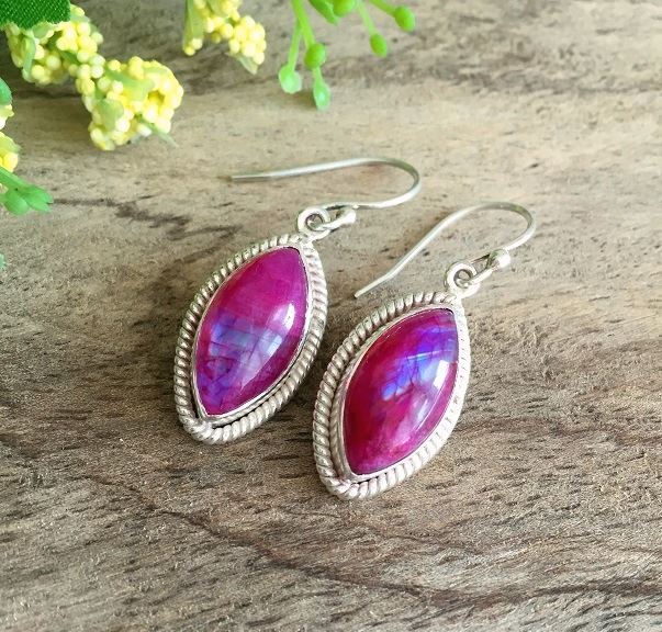 Pink rainbow moonstone earrings Silver