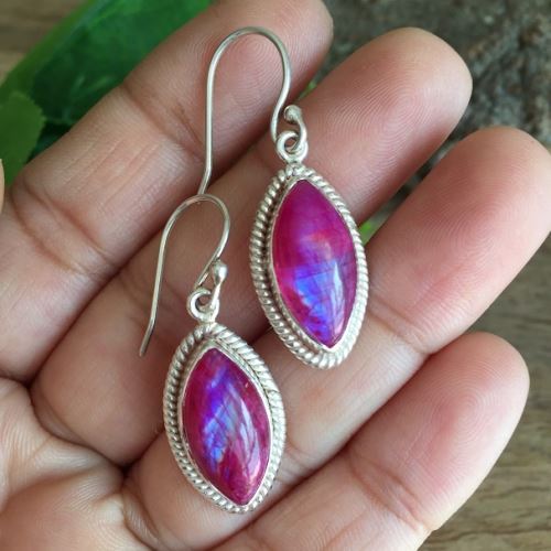 Pink rainbow moonstone earrings, Silver moonstone drop earrings gifts