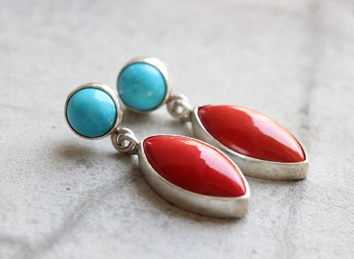 Post dangler earrings, Red Coral turquoise silver earrings