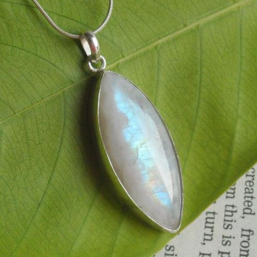 Rainbow Moonstone Pendant Necklace, Leaf silver pendant chain