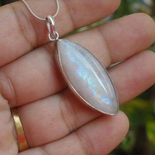 Rainbow Moonstone Pendant Necklace, Leaf silver pendant chain