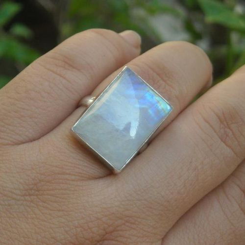 Rainbow Moonstone Ring, Artisan ring, Rectangle silver ring