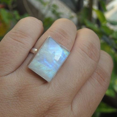 Rainbow Moonstone Ring, Artisan ring, Rectangle silver ring