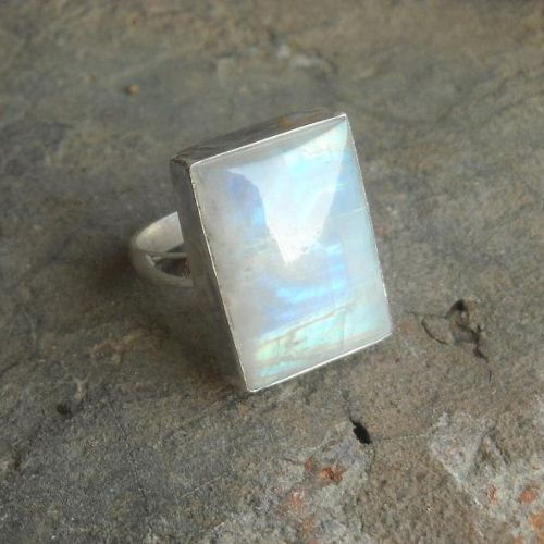 Rainbow Moonstone Ring, Artisan ring, Rectangle silver ring