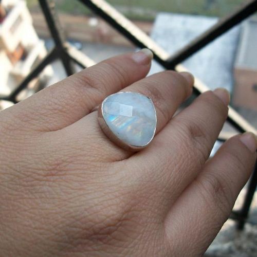 Rainbow Moonstone Ring, Silver ring, Faceted triangle ring