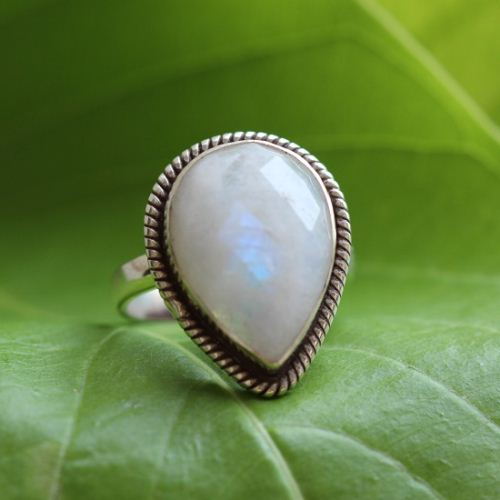 Rainbow moonstone ring, Ethnic statement artisan silver ring