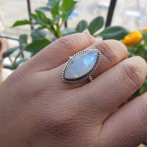 Rainbow Moonstone Ring, Ethnic Statement artisan silver ring, Gift