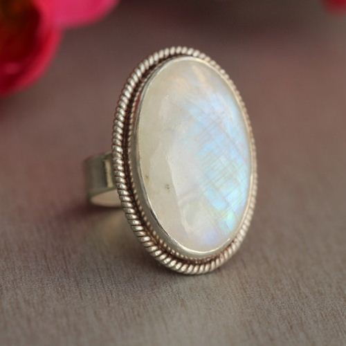 Rainbow Moonstone Ring, Ethnic statement sterling silver ring