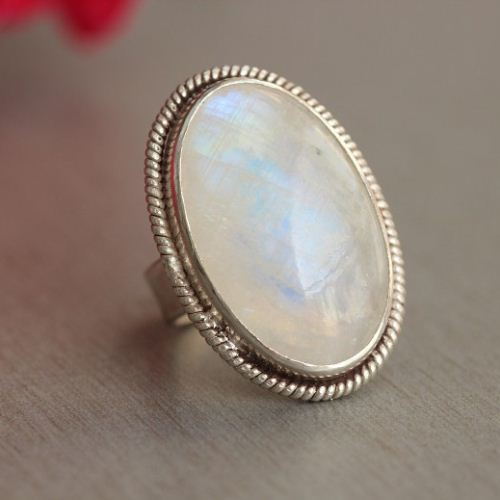 Rainbow Moonstone Ring, Ethnic statement sterling silver ring