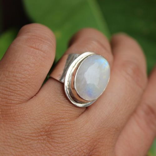 Rainbow moonstone ring, Oval gemstone silver ring, Artisan ring