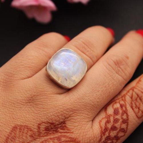 Rainbow Moonstone Ring, Moonstone sterling silver ring