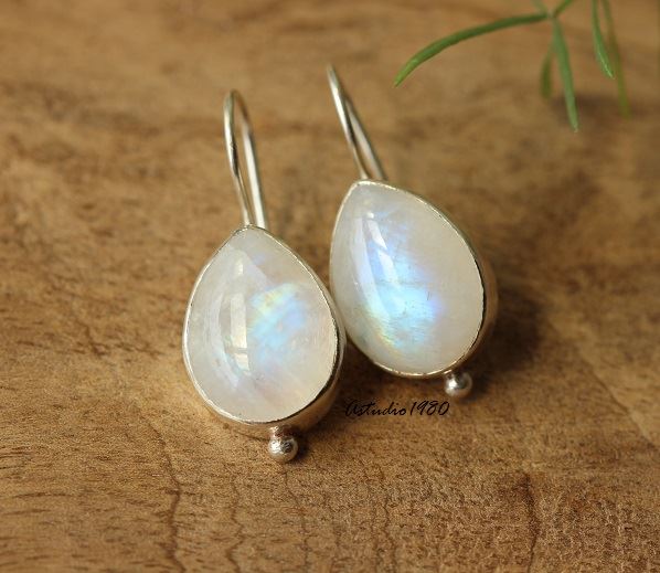 Rainbow Moonstone  gemstone earrings Handmade sterling silver