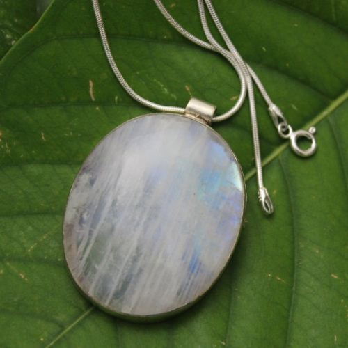 Rainbow Moonstone pendant necklace - Oval silver pendant