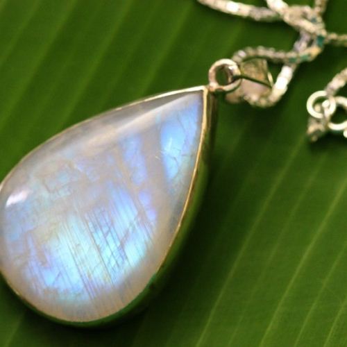 Teardrop rainbow moonstone pendant chain, Sterling silver pendant