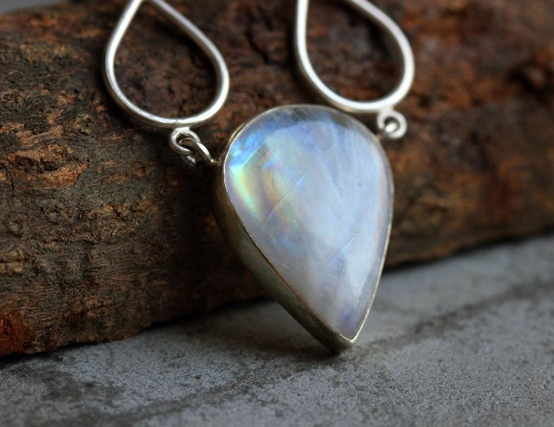 Rainbow Moonstone pendant necklace, Tear drop silver necklace