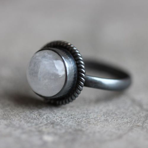 Rainbow Moonstone ring, Oxidized silver ring, Round artisan ring