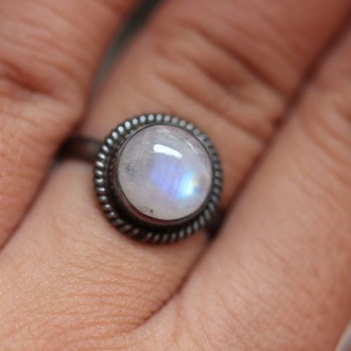 Rainbow Moonstone ring, Oxidized silver ring, Round artisan ring
