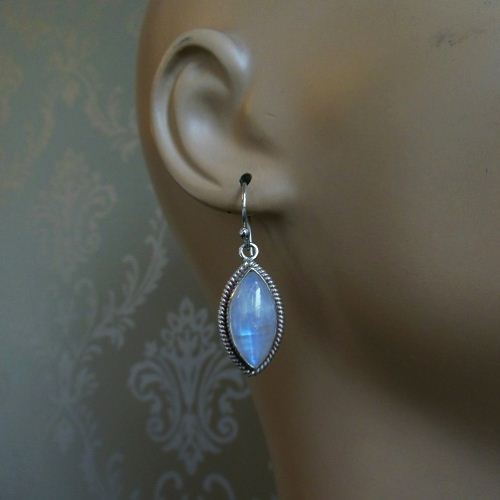 Rainbow moonstone earrings, Artisan dangler silver earrings 