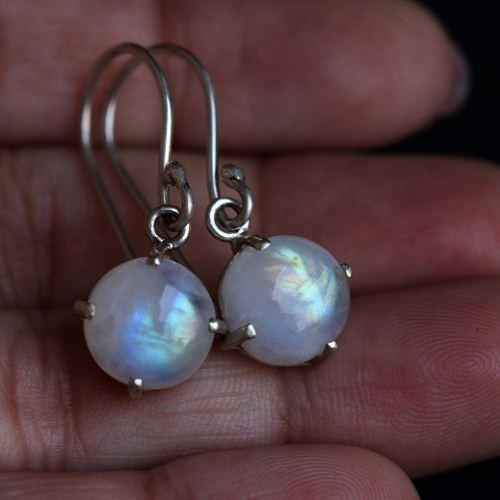 Rainbow moonstone earrings, Prong set dangler silver earrings