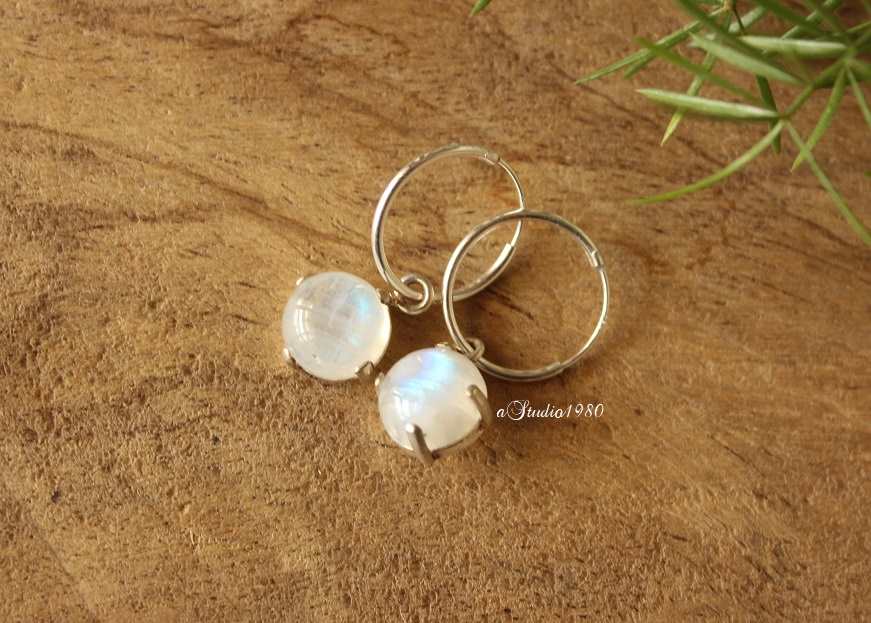Rainbow moonstone earrings,moonstone hoop silver earrings