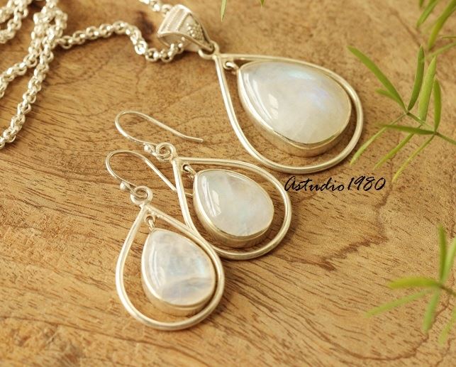 Rainbow moonstone pendant necklace earring,Silver pendant set