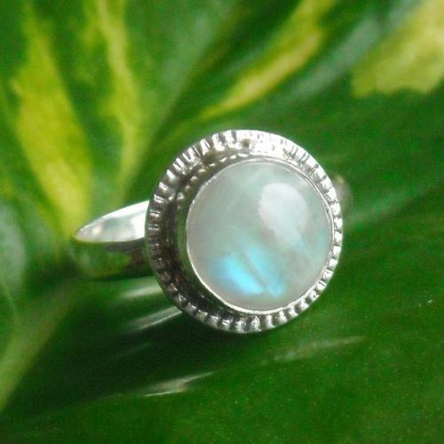 Rainbow moonstone ring, Genuine round moonstone silver ring