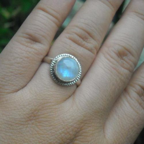 Rainbow moonstone ring, Genuine round moonstone silver ring