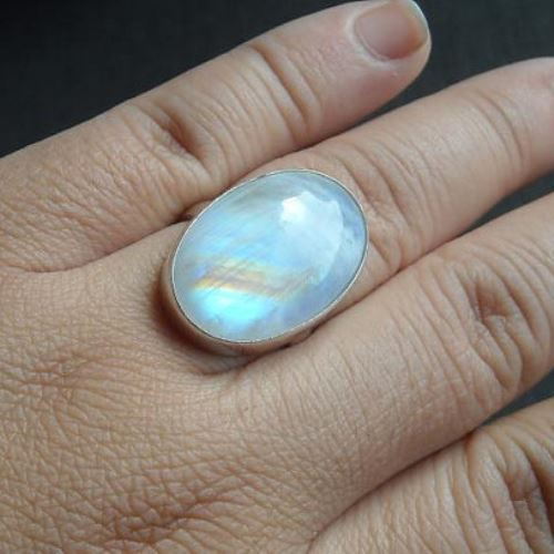 Rainbow moonstone ring, Large oval moonstone sterling silver ring
