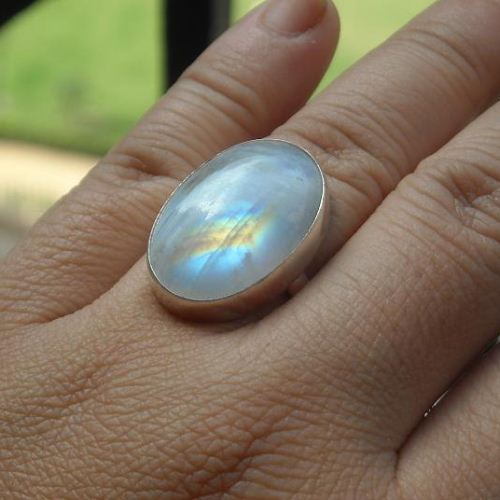 Rainbow moonstone ring, Large oval moonstone sterling silver ring