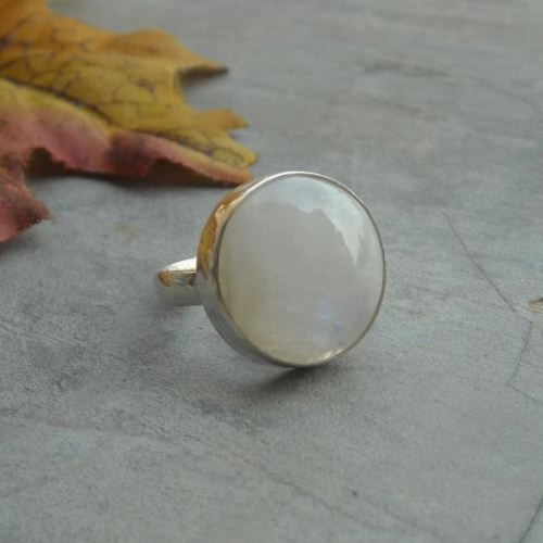 Rainbow moonstone wedding ring, Round moonstone silver gift