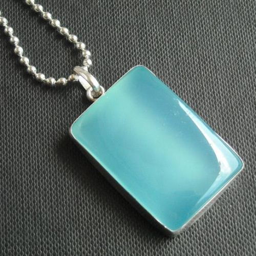Rectangle Chalcedony pendant, Chalcedony necklace, Aqua silver jewelry