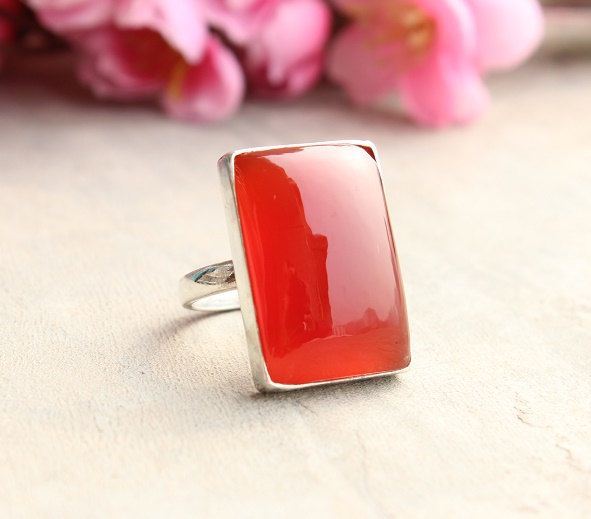 Rectangle ring, Carnelian ring, Carnelian sterling silver jewelry