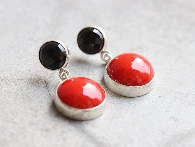 Red Coral Earrings, Black onyx coral dangle silver earrings