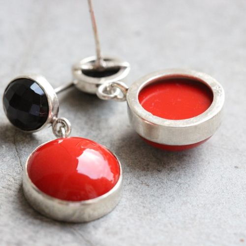 Red Coral Earrings, Black onyx coral dangle silver earrings