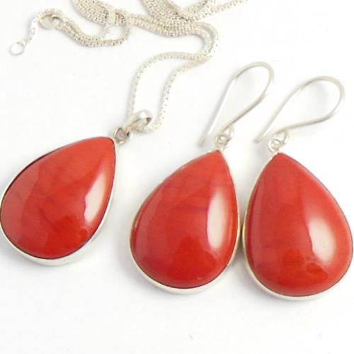 Red Coral Jewelry Sets, Red coral silver pendant earrings set