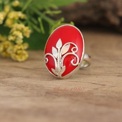 Handmade sterling silver red coral ring, Artisan sterling silver rings