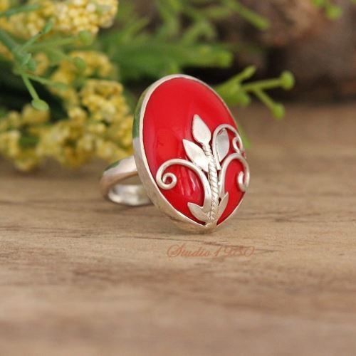 Handmade sterling silver red coral ring, Artisan sterling silver rings