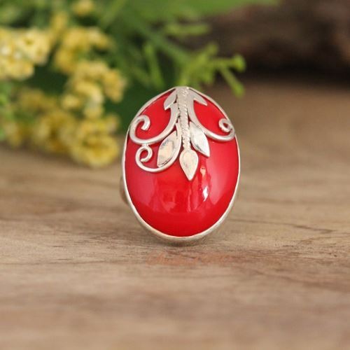 Handmade sterling silver red coral ring, Artisan sterling silver rings