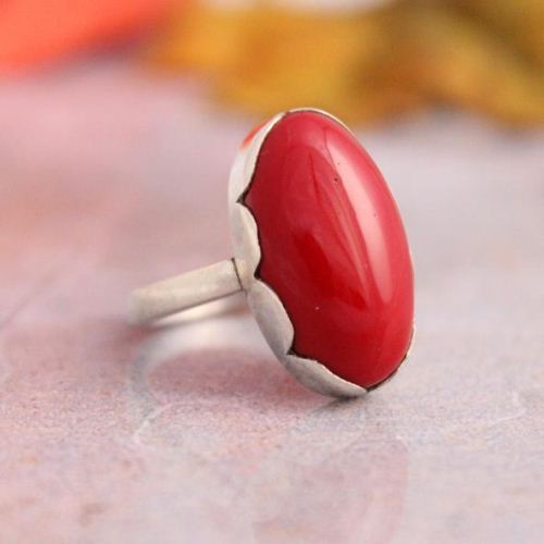 Red Coral Ring, One of a kind rings, Oval cabochon silver ring
