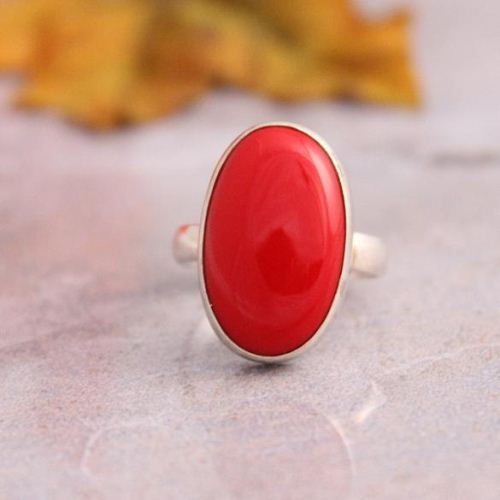 Red Coral Ring, Oval ring, Red stone silver ring