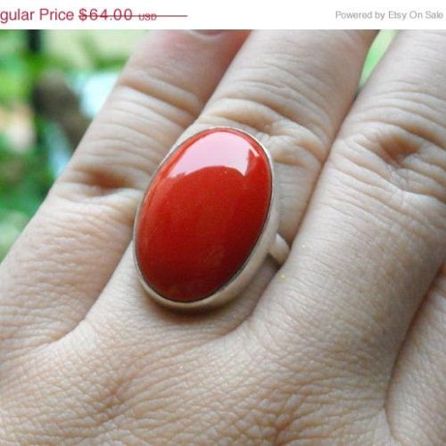 Red Coral Ring, Oval ring, Red stone silver ring