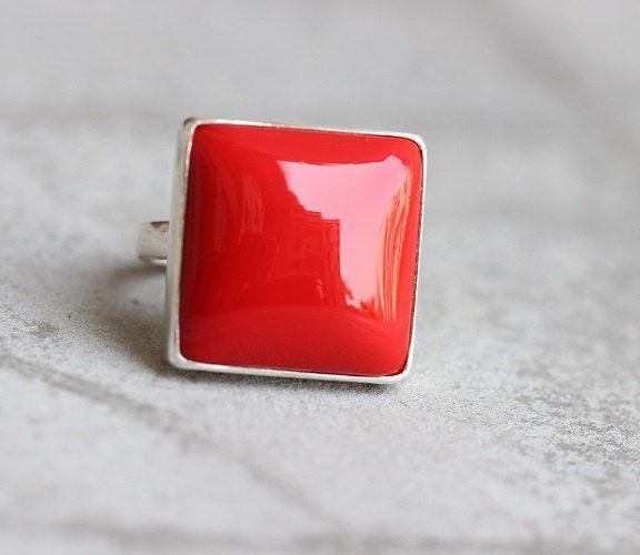 Red Coral Ring, Square ring, Silver red gemstone ring